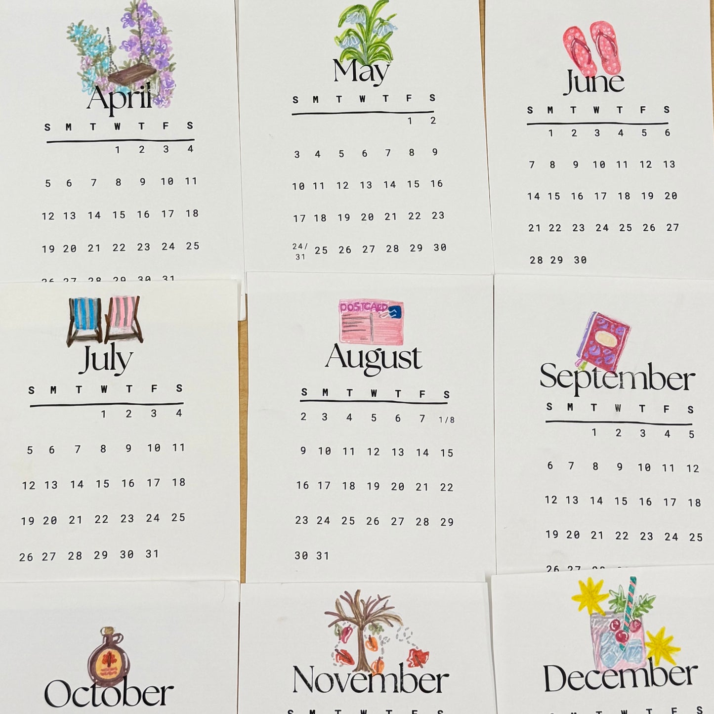 One of a Kind Hand Drawn & Painted Mini Calendar