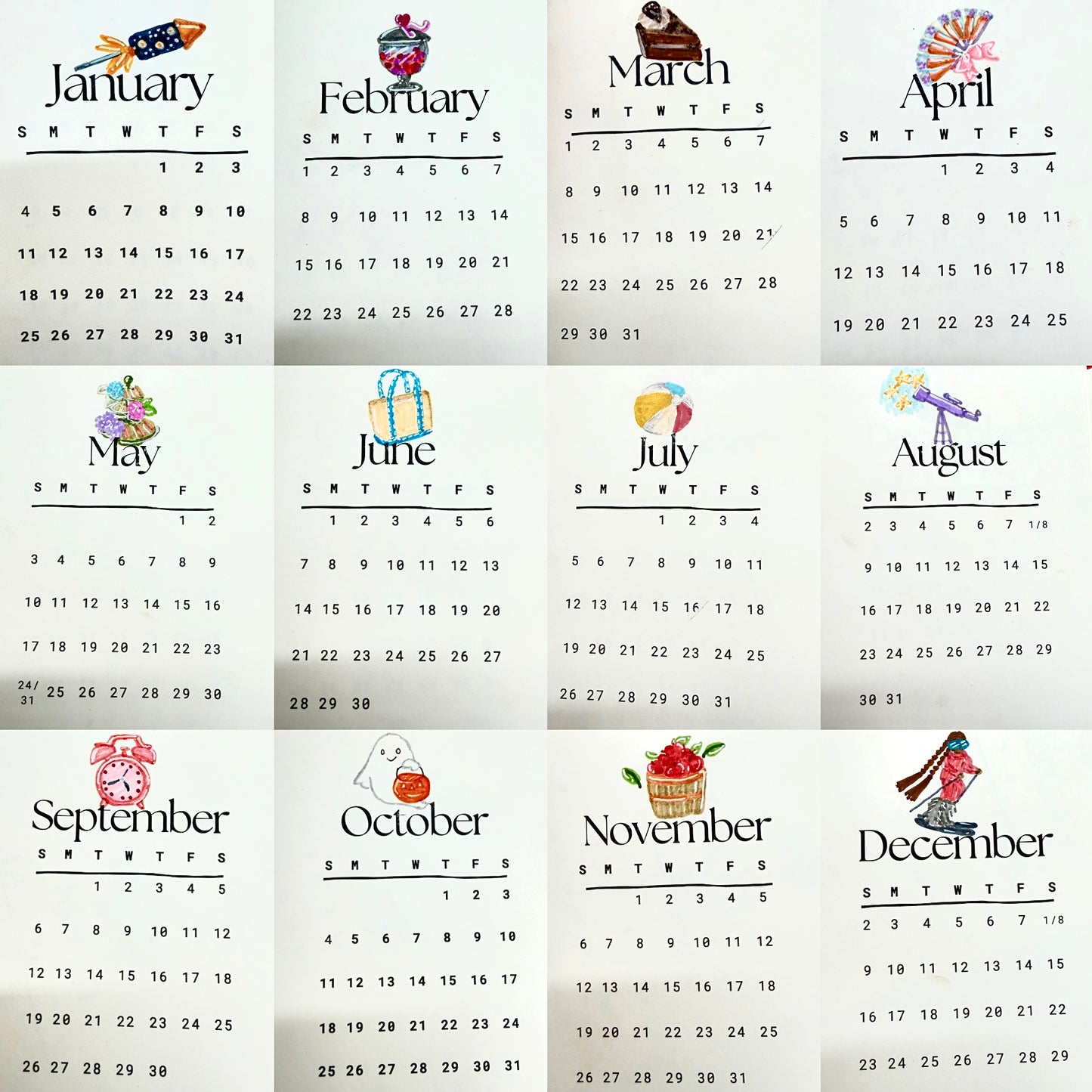 One of a Kind Hand Drawn & Painted Mini Calendar