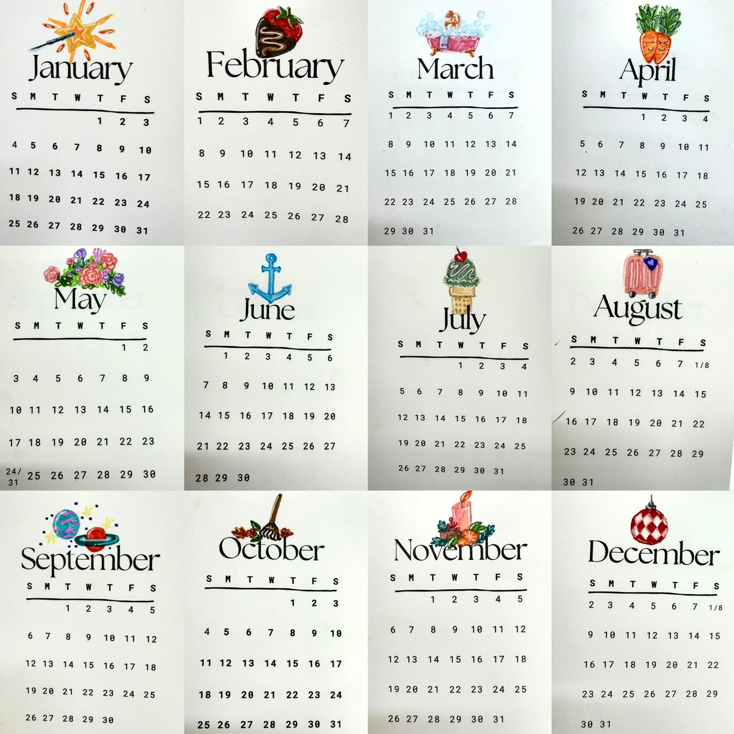 One of a Kind Hand Drawn & Painted Mini Calendar
