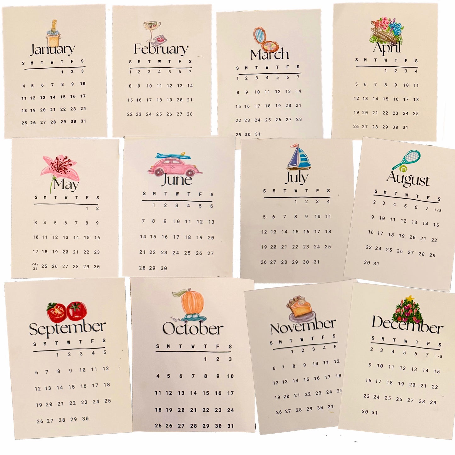 One of a Kind Hand Drawn & Painted Mini Calendar